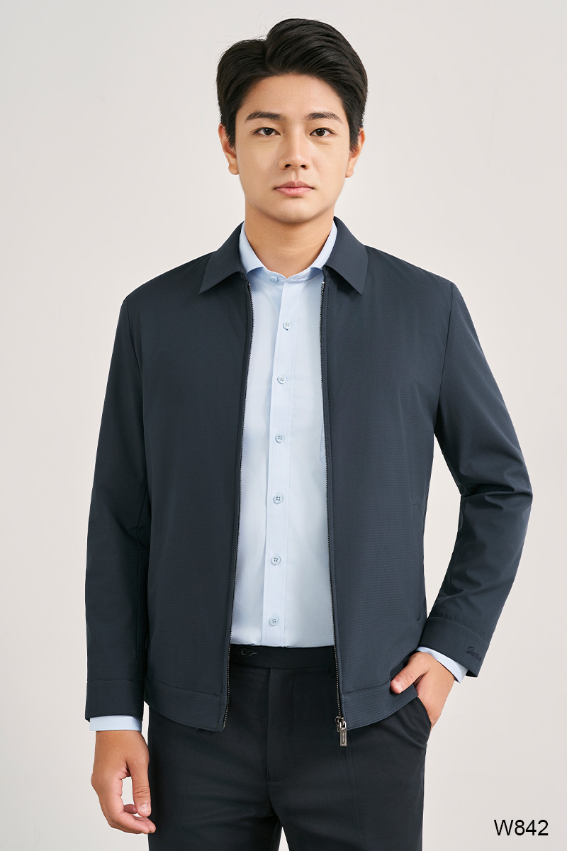 Áo jacket regular cổ ép cao cấp màu navy | W842